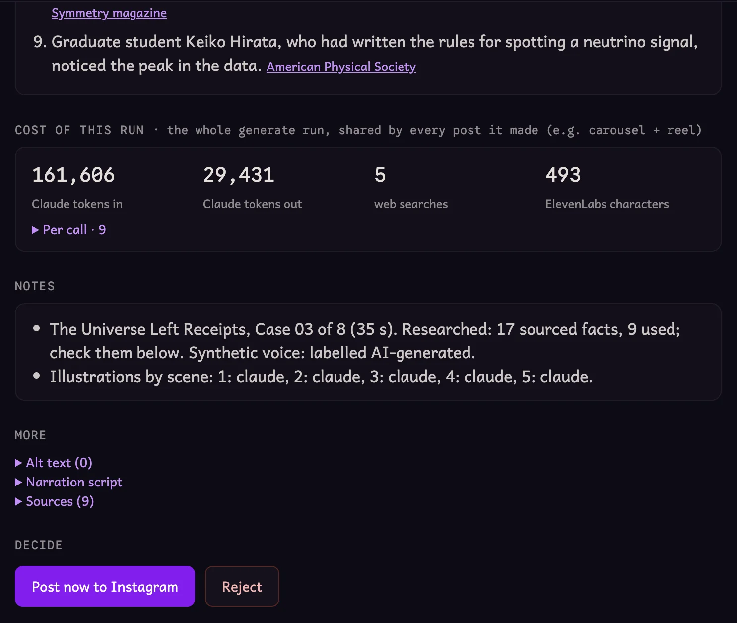 The bottom of a post in the review UI. Cost of this run: 161,606 Claude tokens in, 29,431 Claude tokens out, 5 web searches, 493 ElevenLabs characters, over 9 calls. Notes: Case 03 of 8, 35 seconds, 17 sourced facts researched and 9 used, synthetic voice labelled AI-generated, all five illustrations drawn by Claude. Then Alt text, Narration script and Sources, and the Post now to Instagram and Reject buttons.