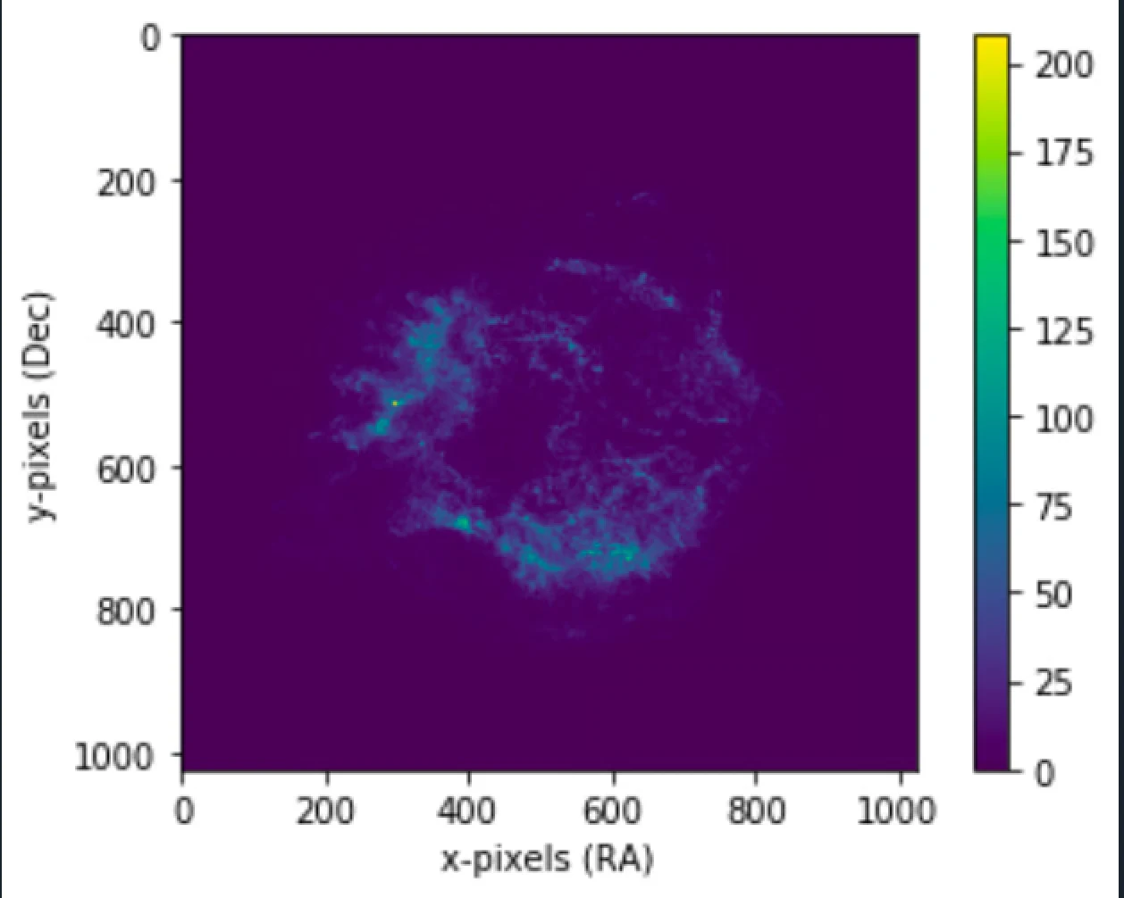 The same Crab Nebula field stacked at 150 bins. The shell is brighter again and individual point sources stand out against the background.