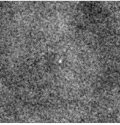 A grainy greyscale telescope image, almost entirely speckled noise, with a single small bright dot at the centre.